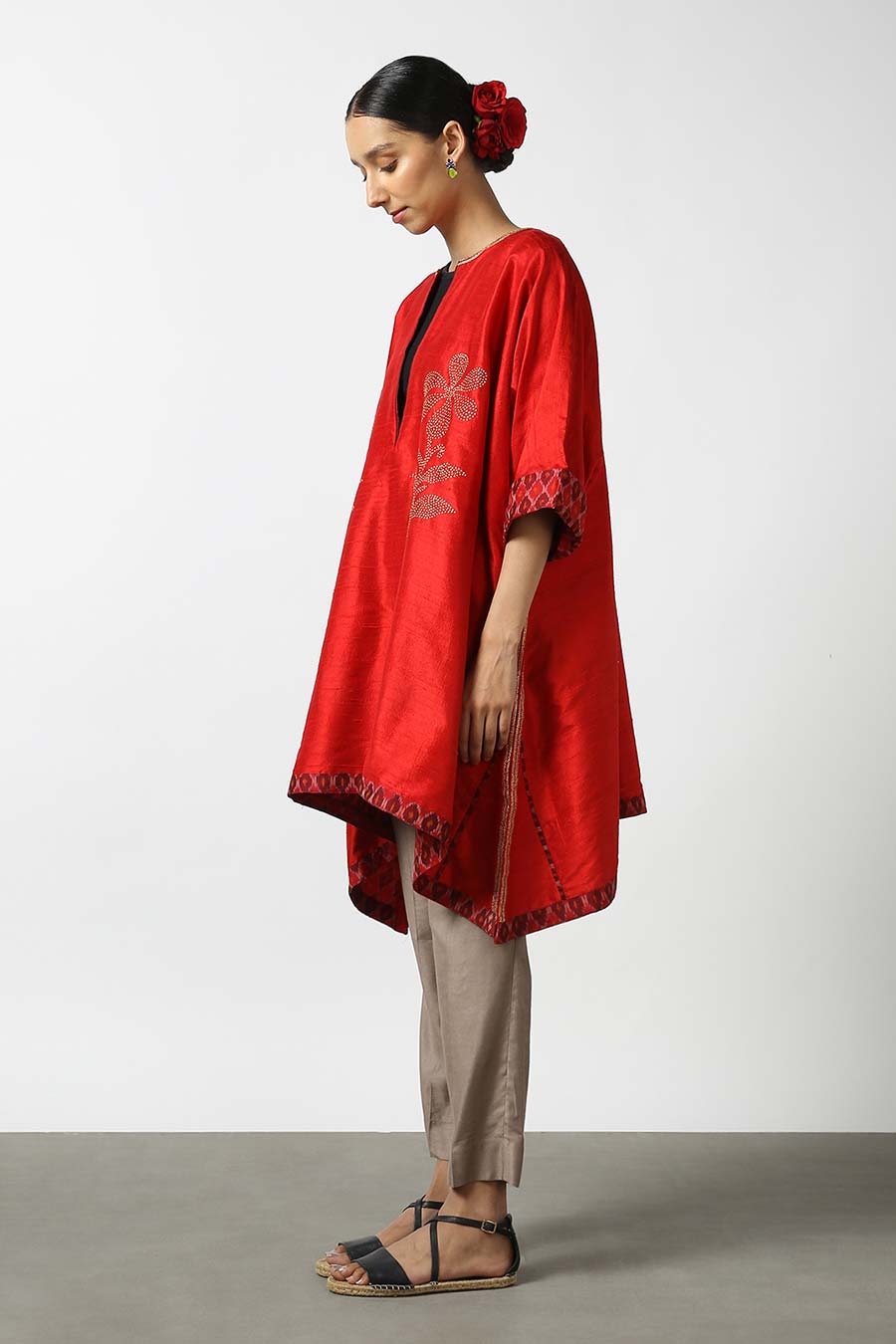 Red Embroidered Silk Kurta
