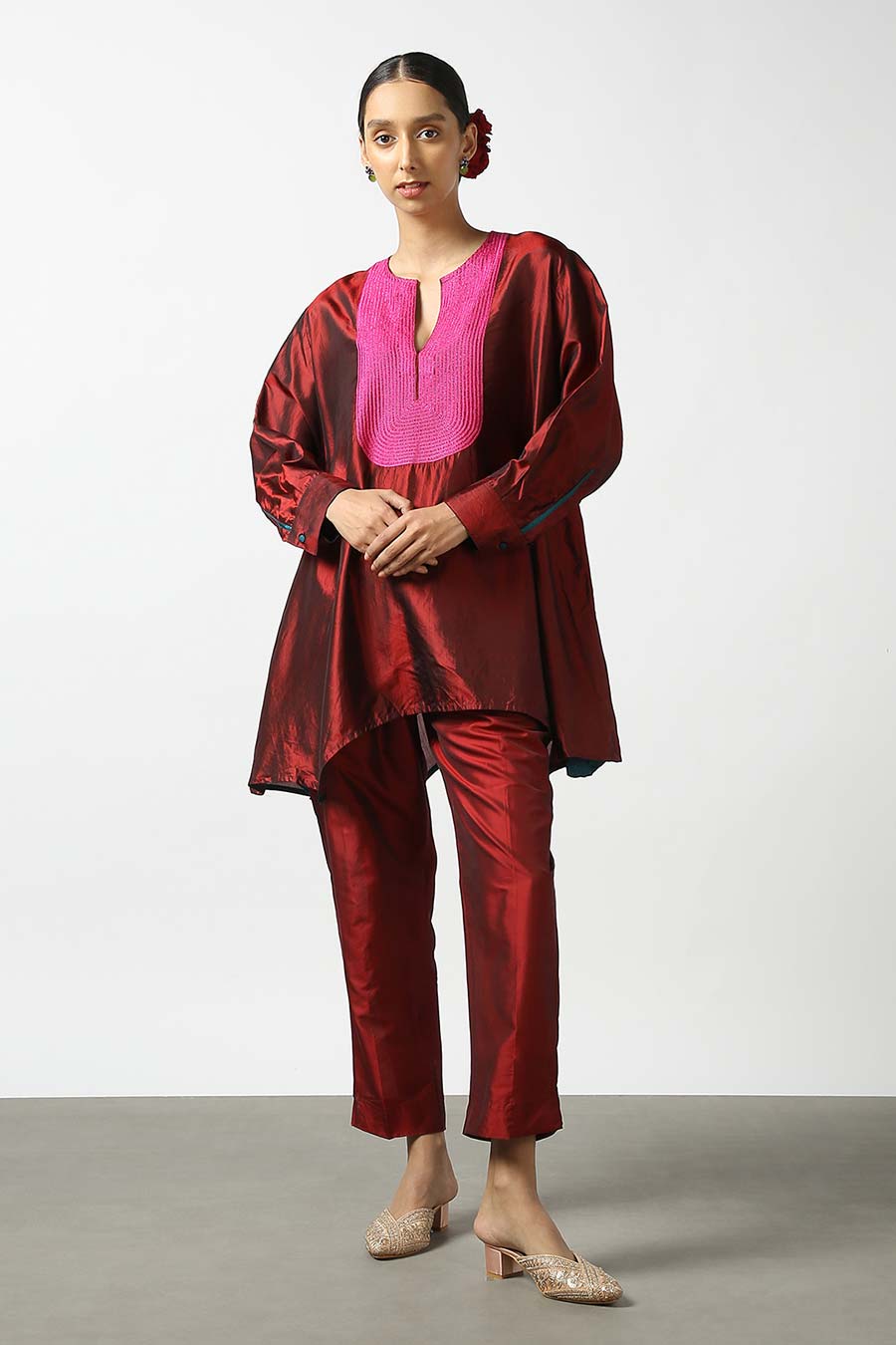 Maroon Embroidered Silk Kurta
