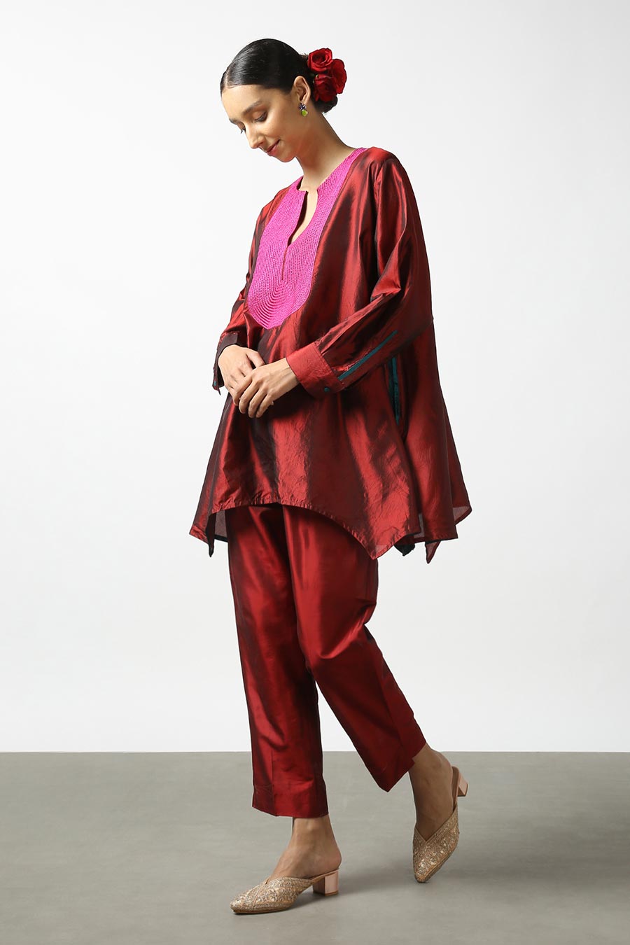 Maroon Embroidered Silk Kurta