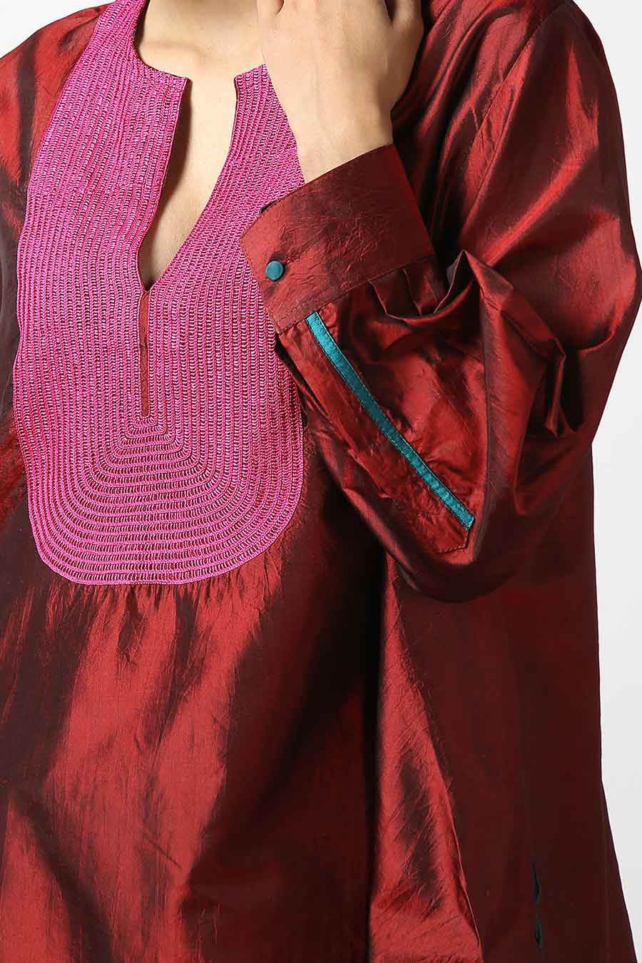 Maroon Embroidered Silk Kurta