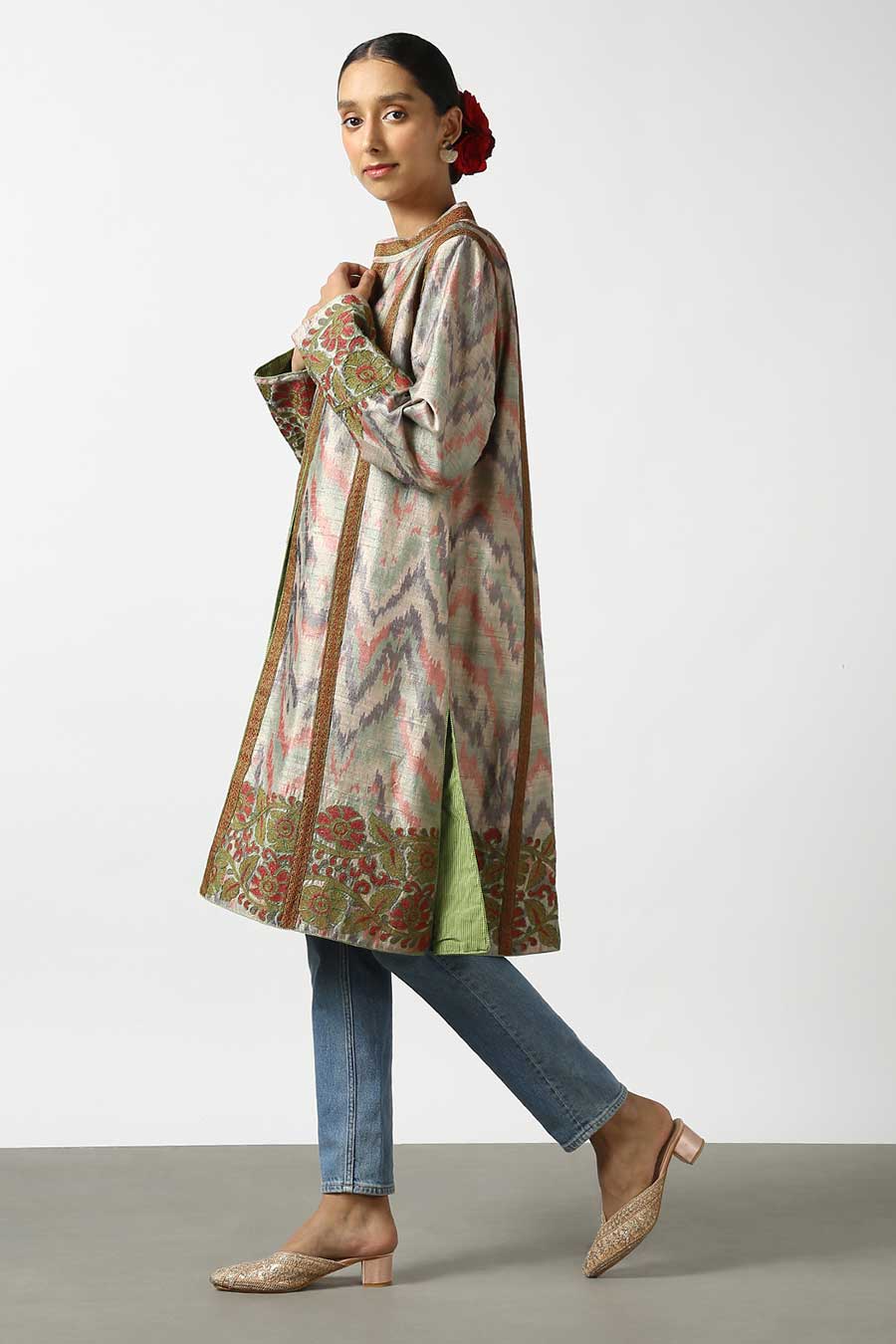 Beige Silk Ikat Long Jacket