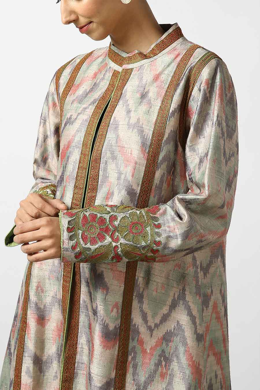 Beige Silk Ikat Long Jacket