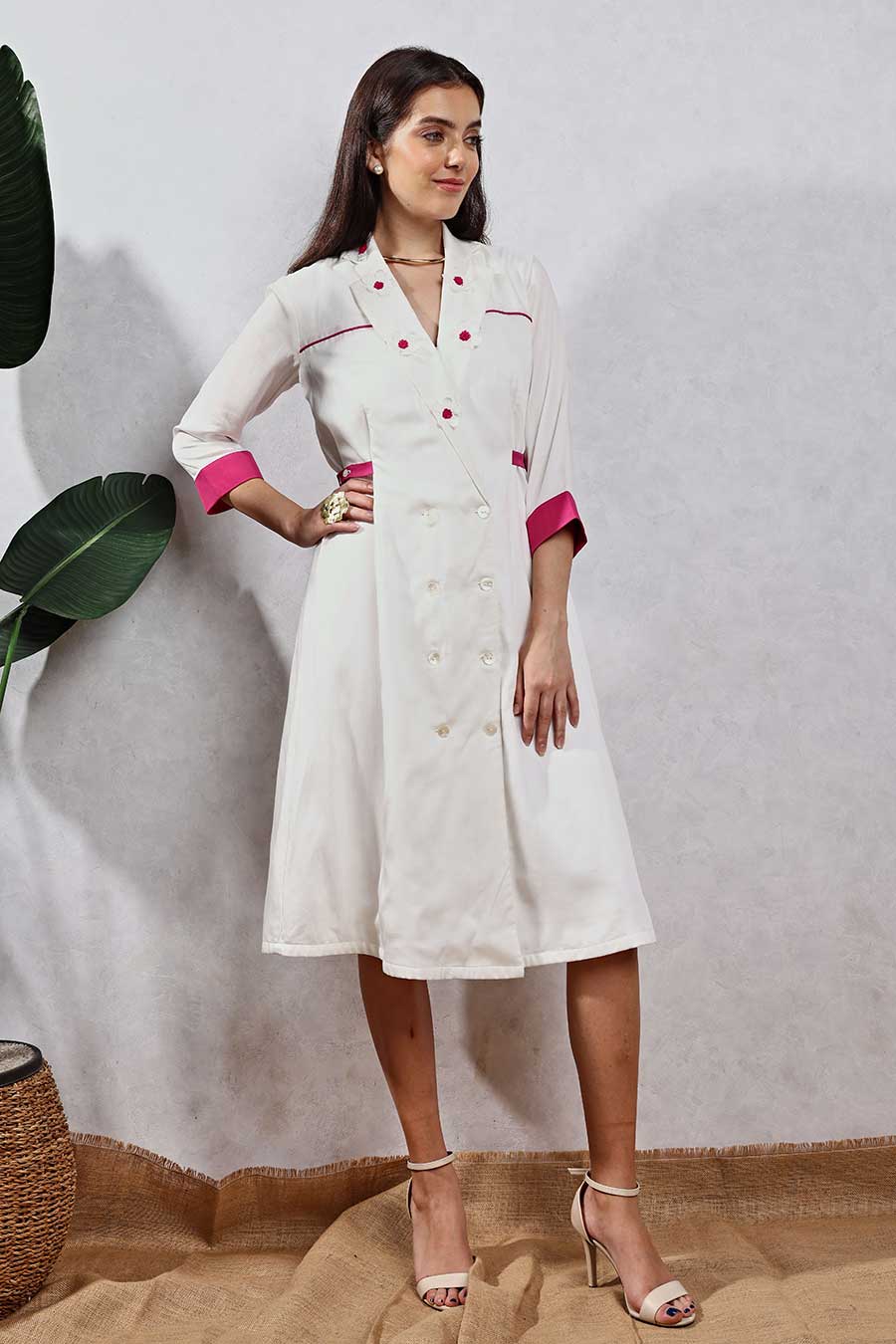 White Embellished Midi Shirt Dress