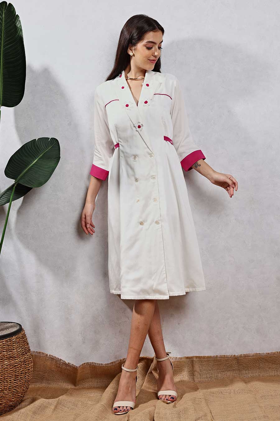White Embellished Midi Shirt Dress