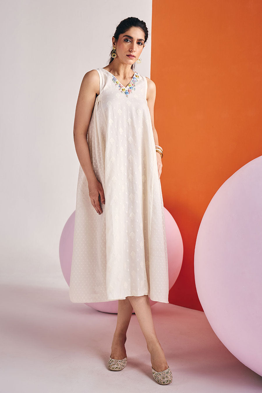 Ivory Jacquard Embellished Dress