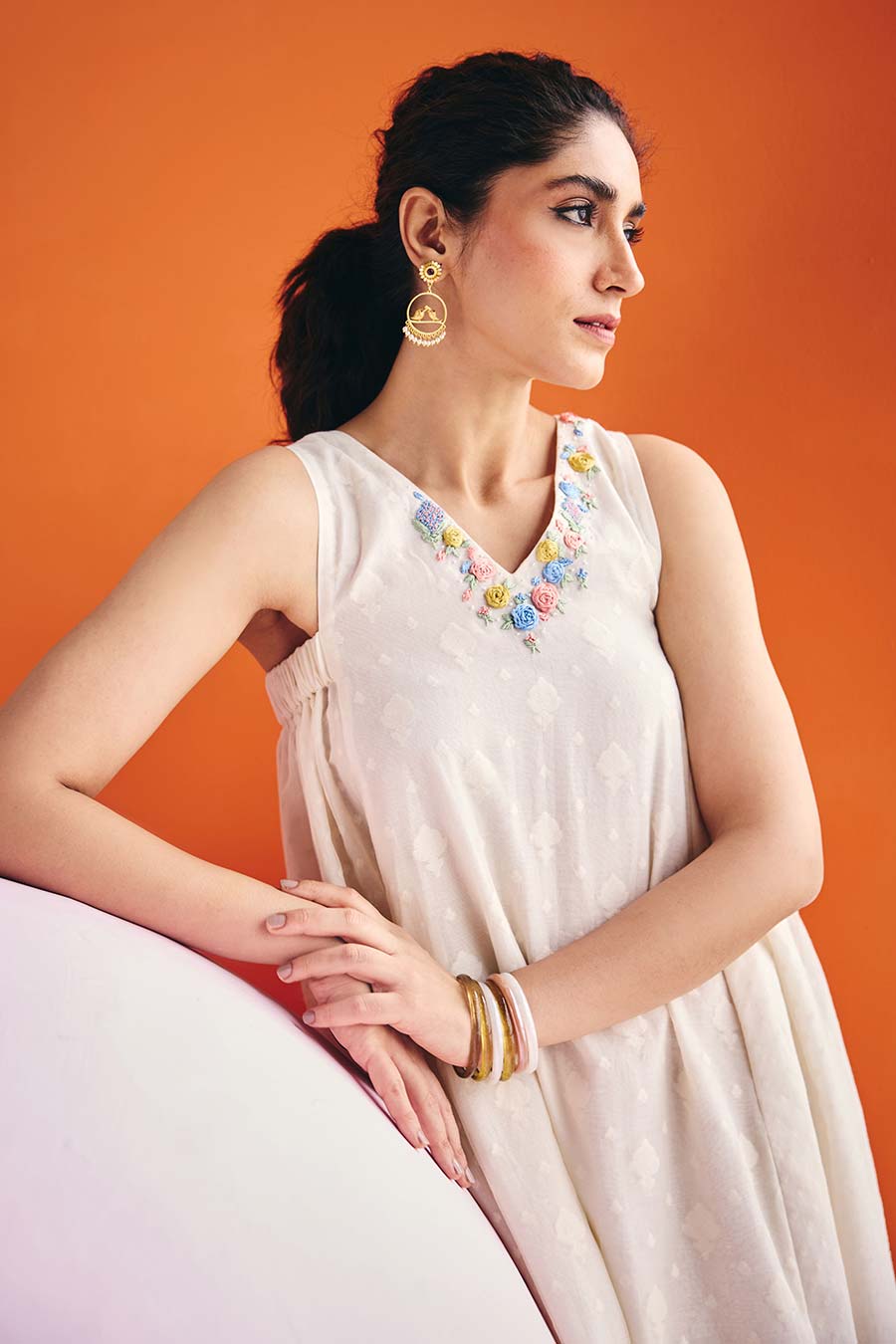 Ivory Jacquard Embellished Dress