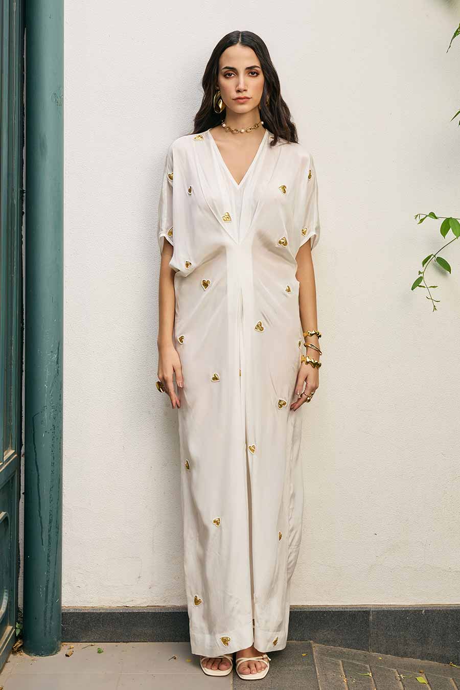 White Embroidered Heart Motif Kaftan Long Dress