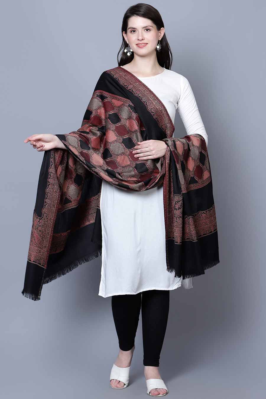 Black Jamawar Jaal Fine Wool Kashmiri Shawl