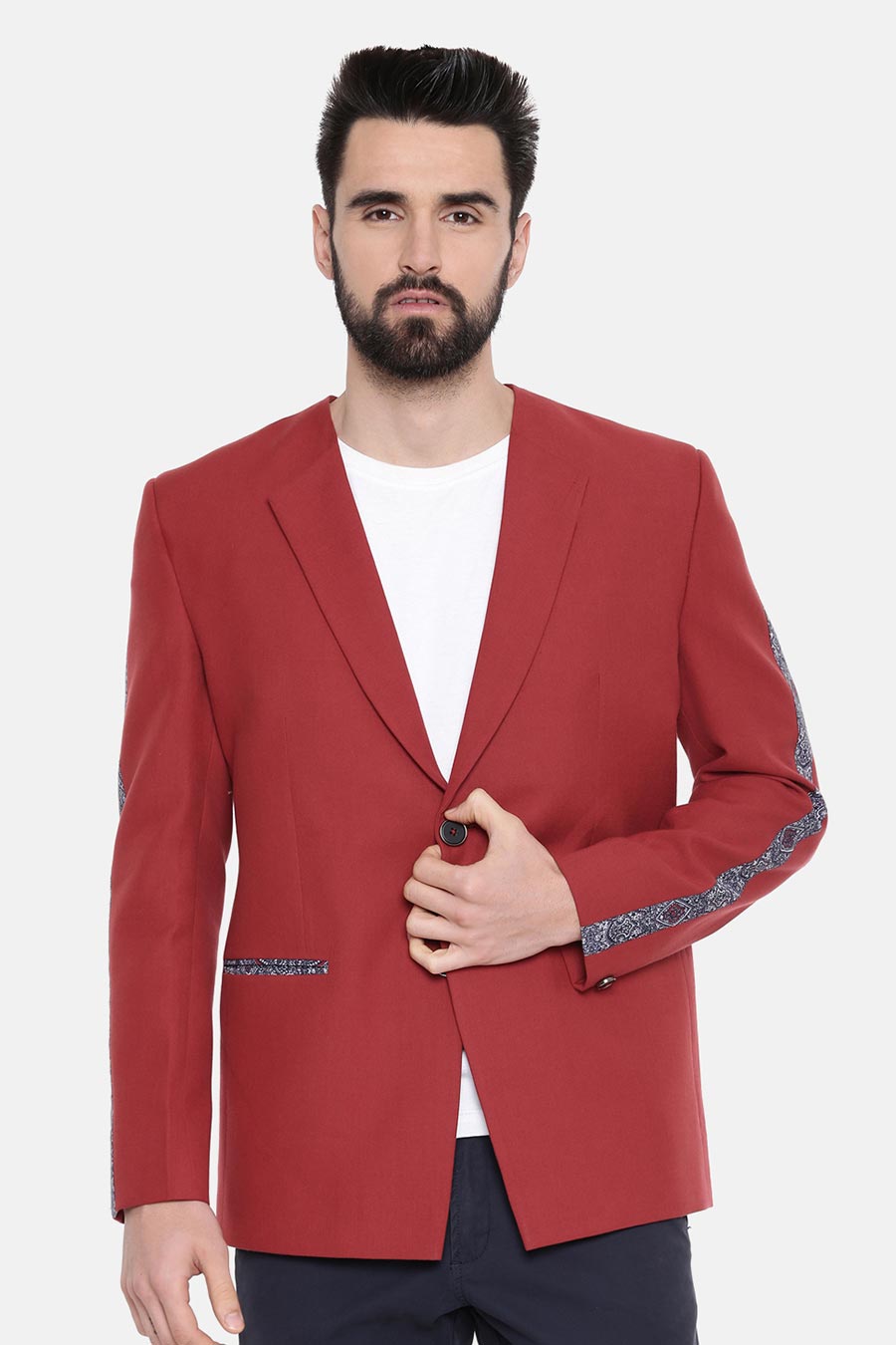 Red Printed Striped Blazer