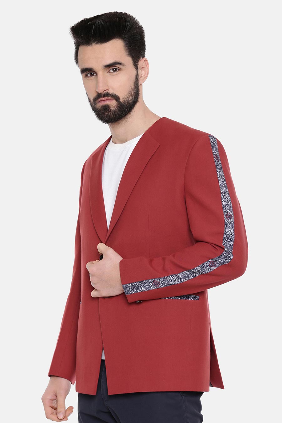 Red Printed Striped Blazer