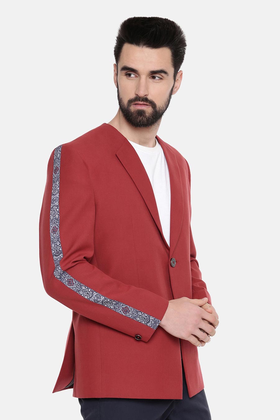 Red Printed Striped Blazer