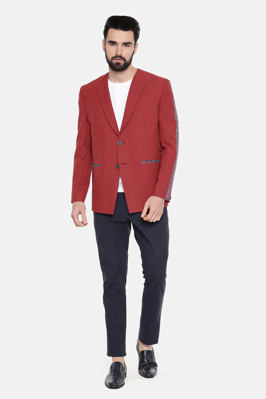 Red Printed Striped Blazer