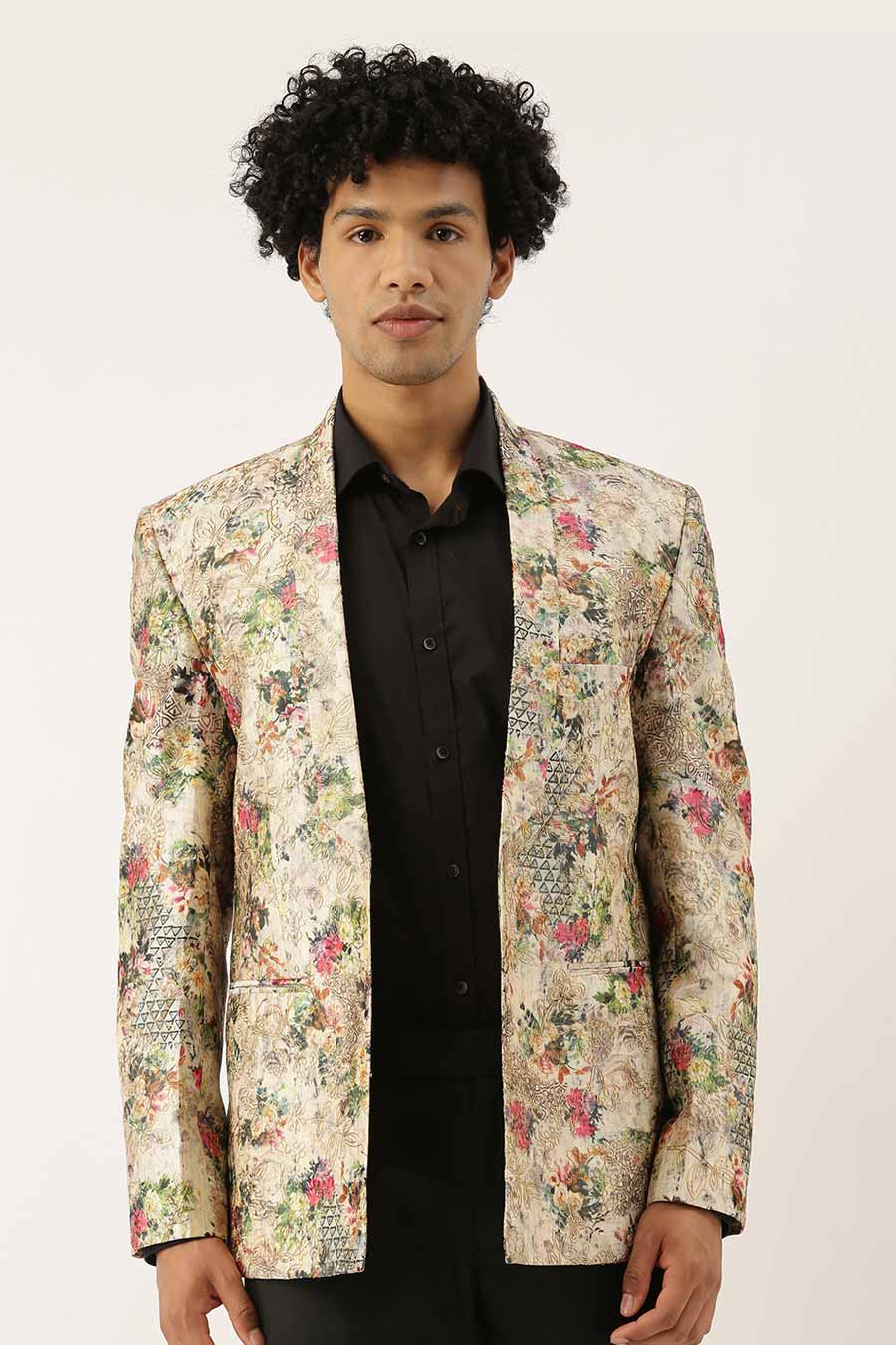 Beige Printed Chanderi Open Blazer