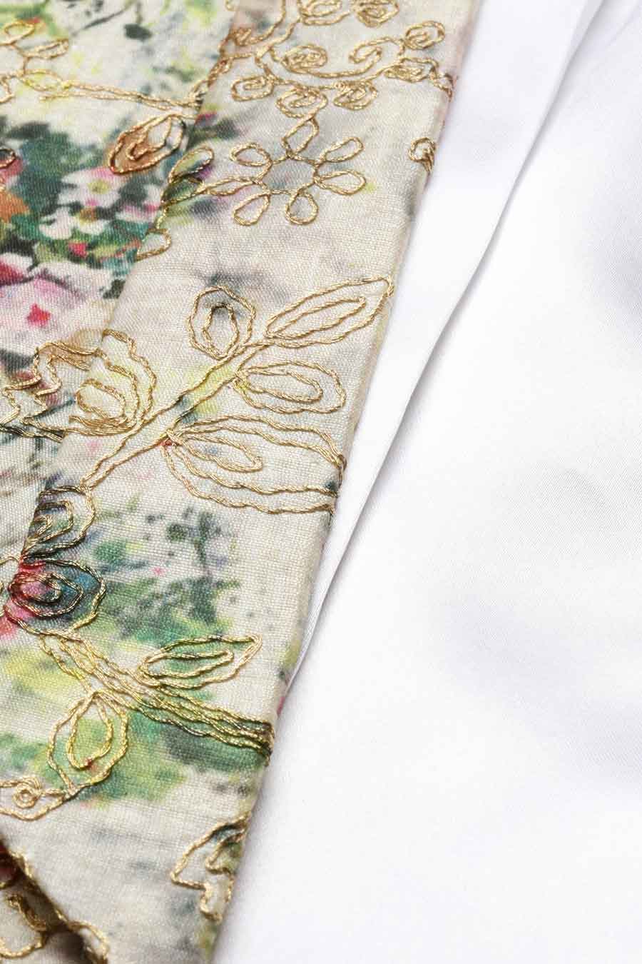 Beige Printed Chanderi Open Blazer