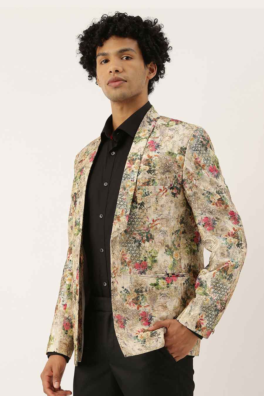 Beige Printed Chanderi Open Blazer