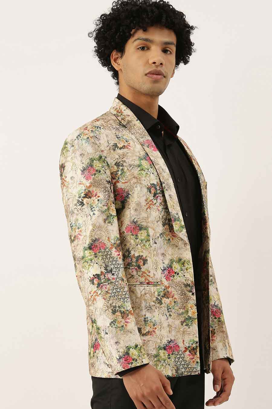 Beige Printed Chanderi Open Blazer