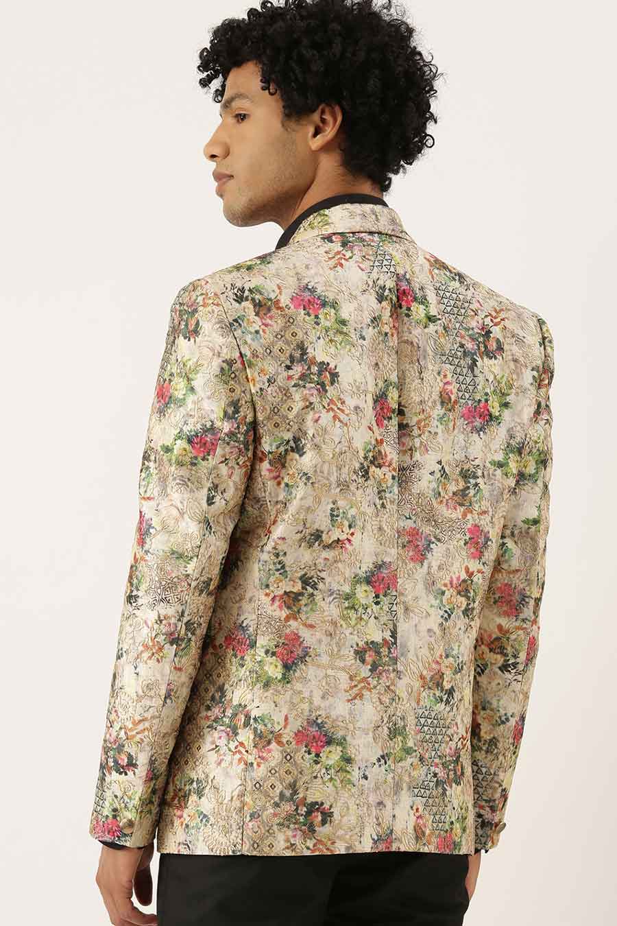 Beige Printed Chanderi Open Blazer