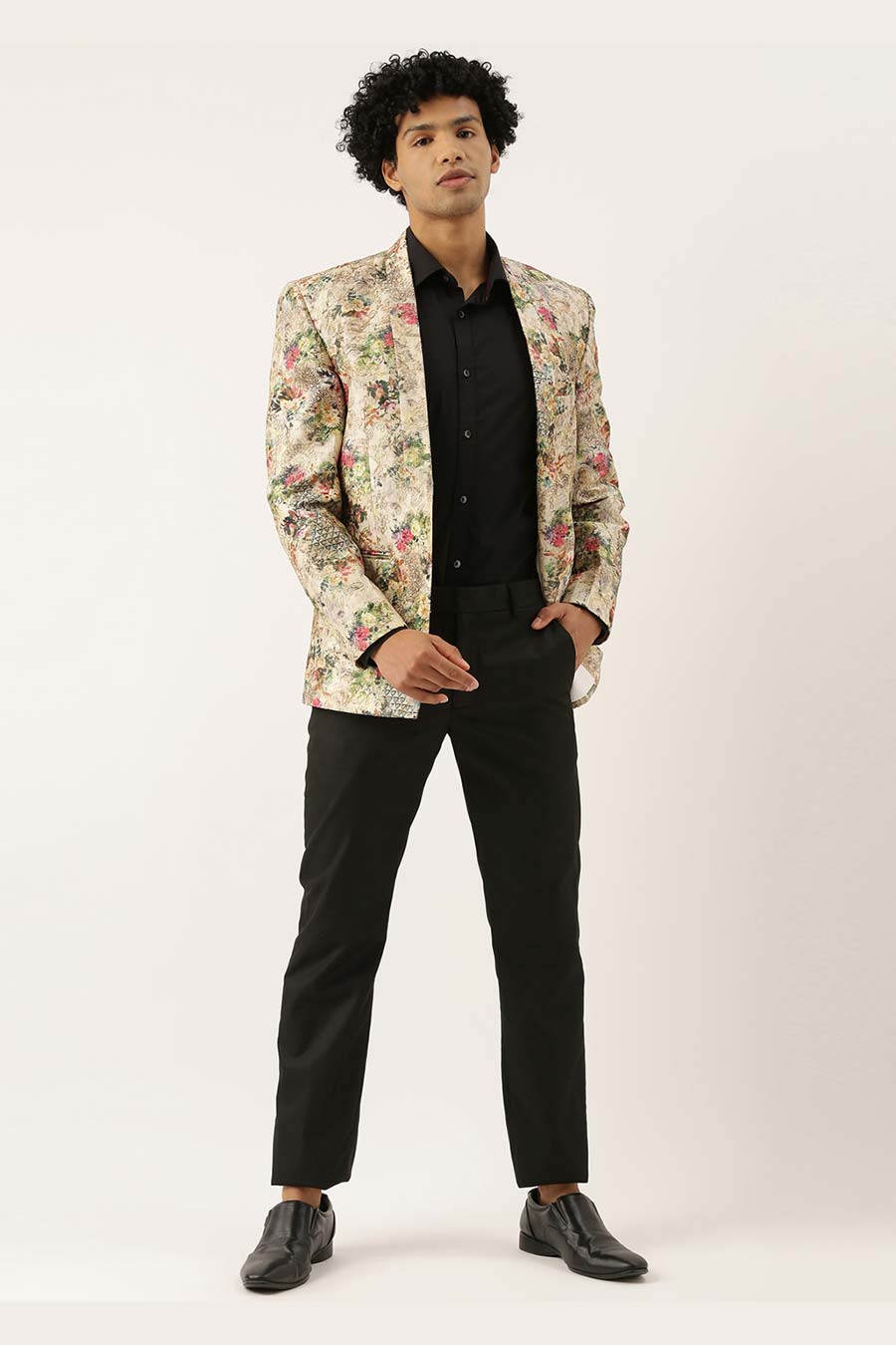 Beige Printed Chanderi Open Blazer