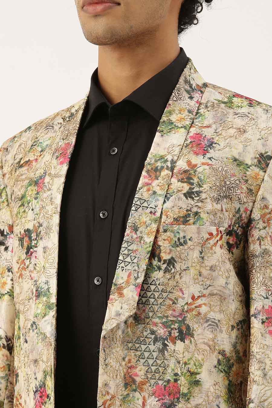 Beige Printed Chanderi Open Blazer