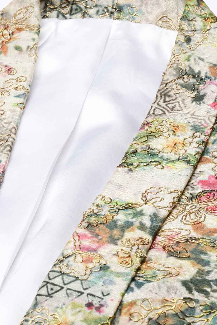 Beige Printed Chanderi Open Blazer