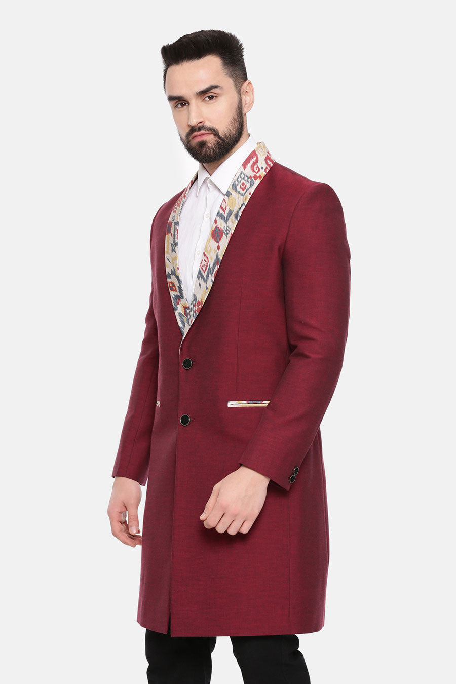 Red Ikat Printed Collar Long Trench Coat