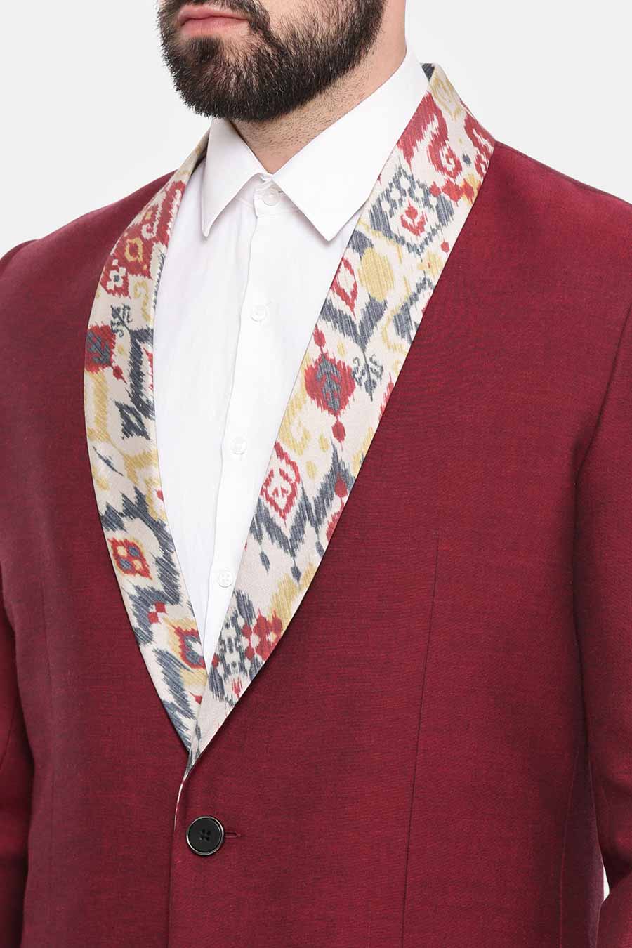 Red Ikat Printed Collar Long Trench Coat