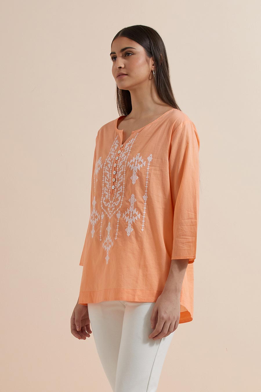 Orange Cotton Embroidered Top