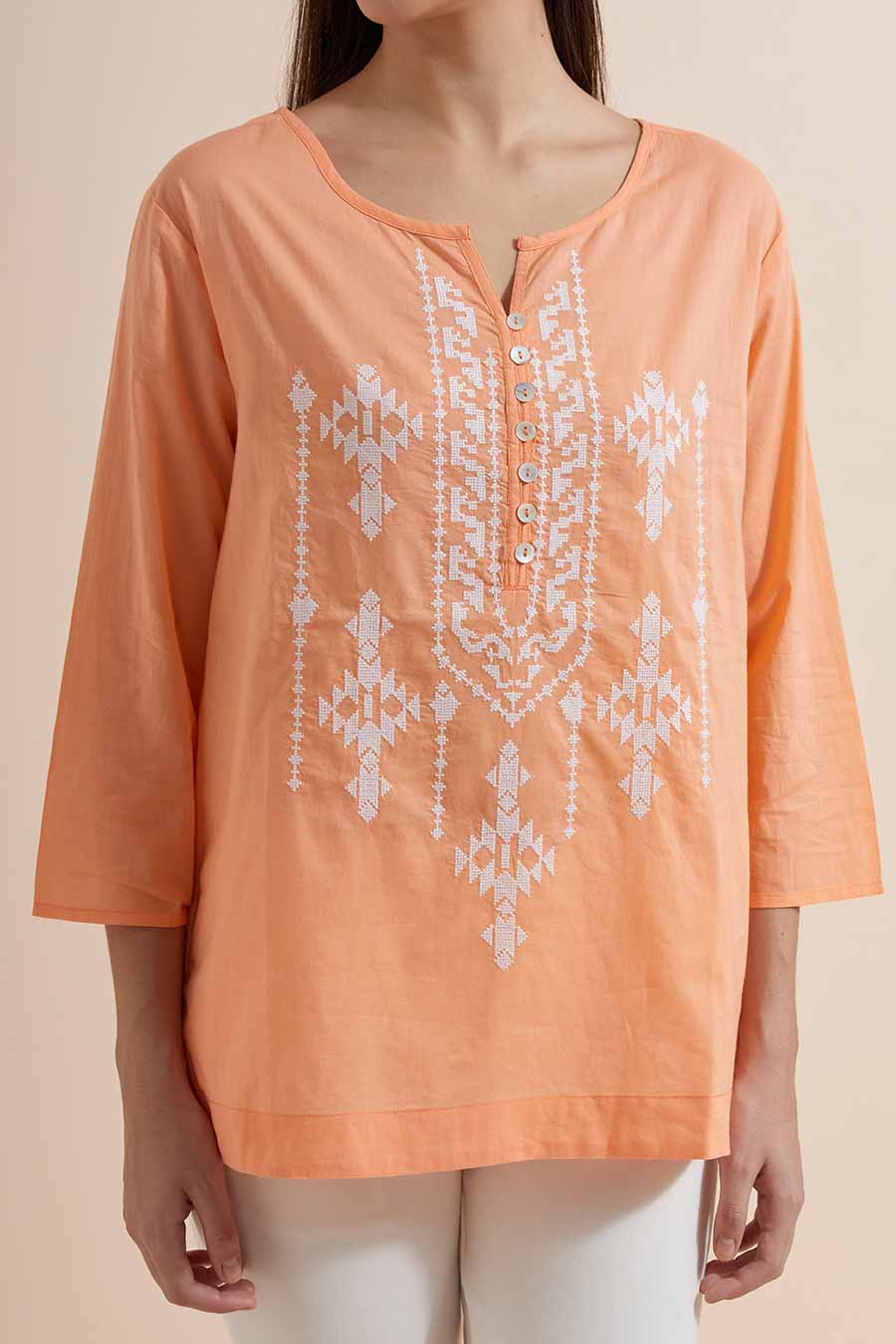 Orange Cotton Embroidered Top