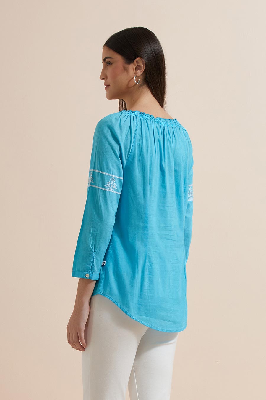 Turquoise Cotton Embroidered Top