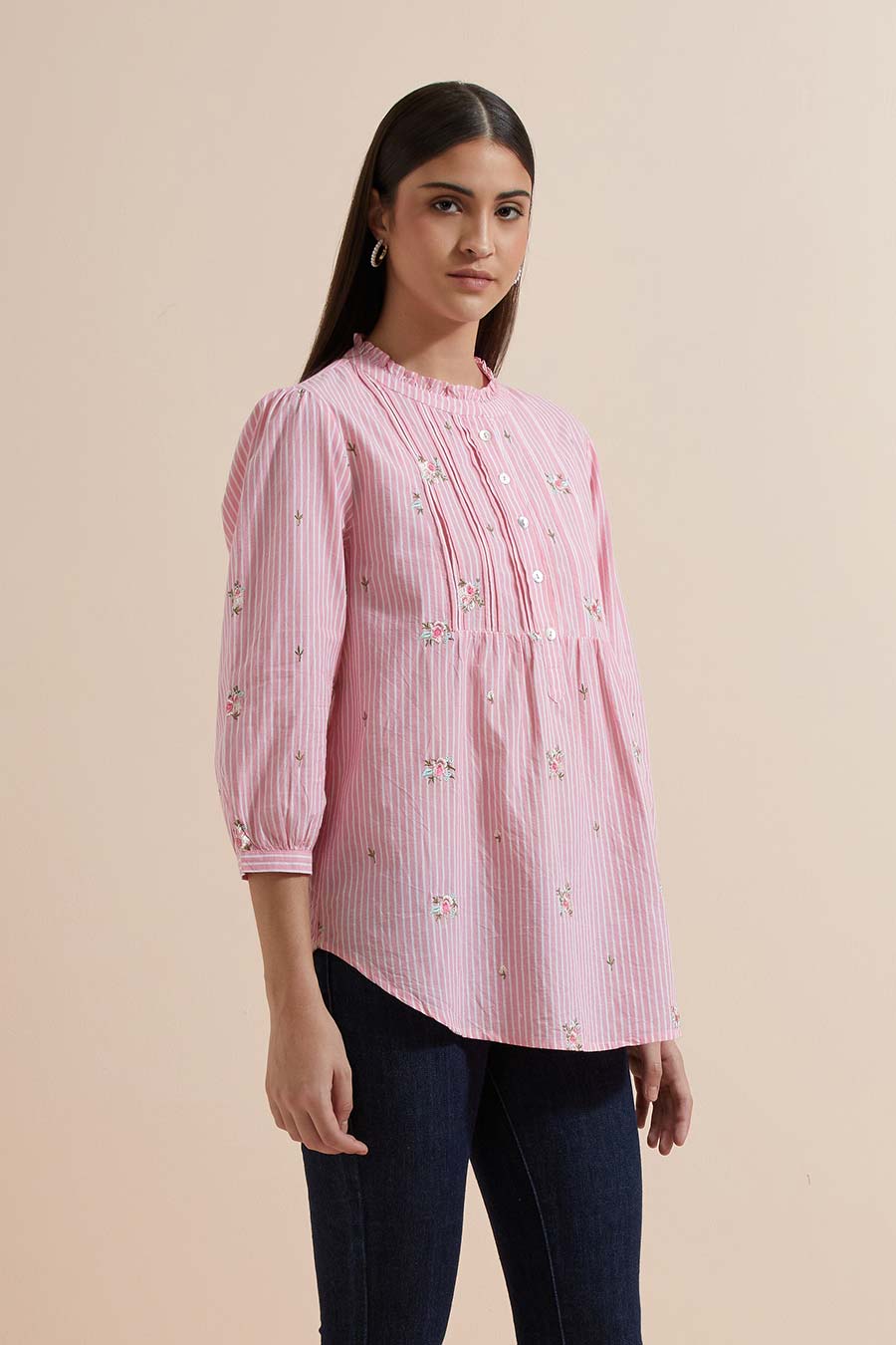 Pink Stripe Cotton Embroidered Top
