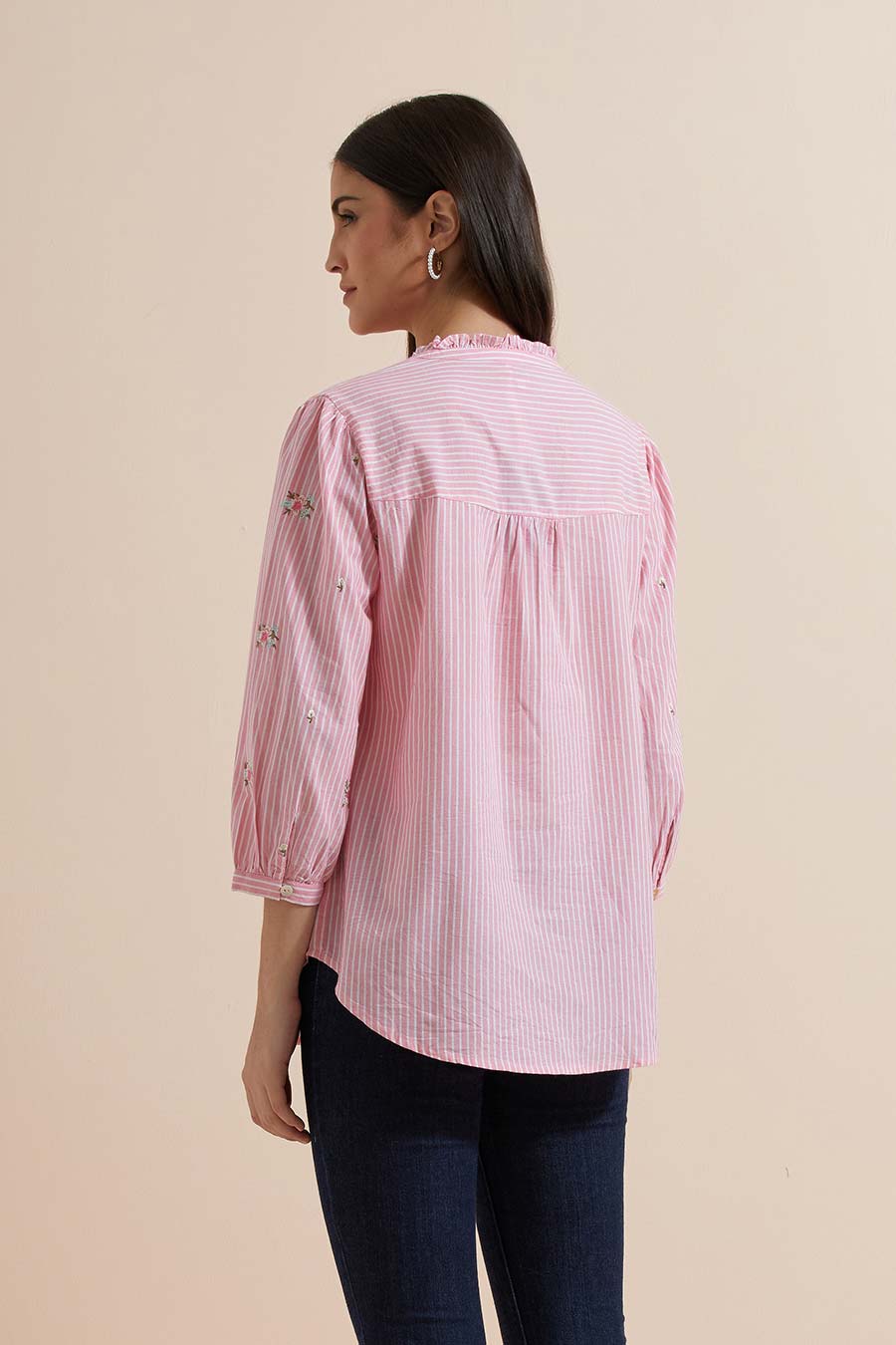 Pink Stripe Cotton Embroidered Top