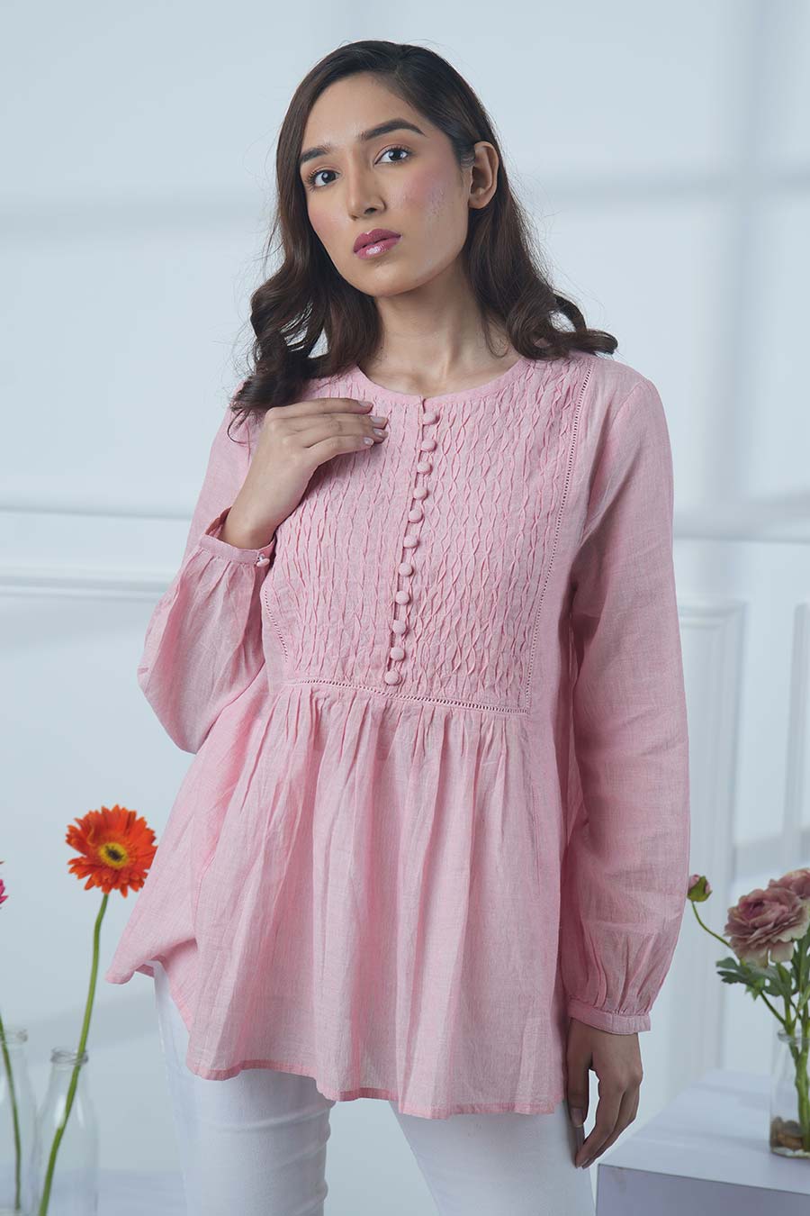 Pink Cotton Smocked Top