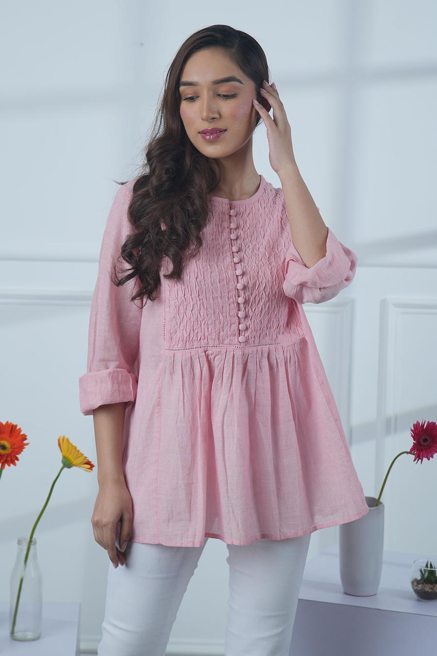Pink Cotton Smocked Top