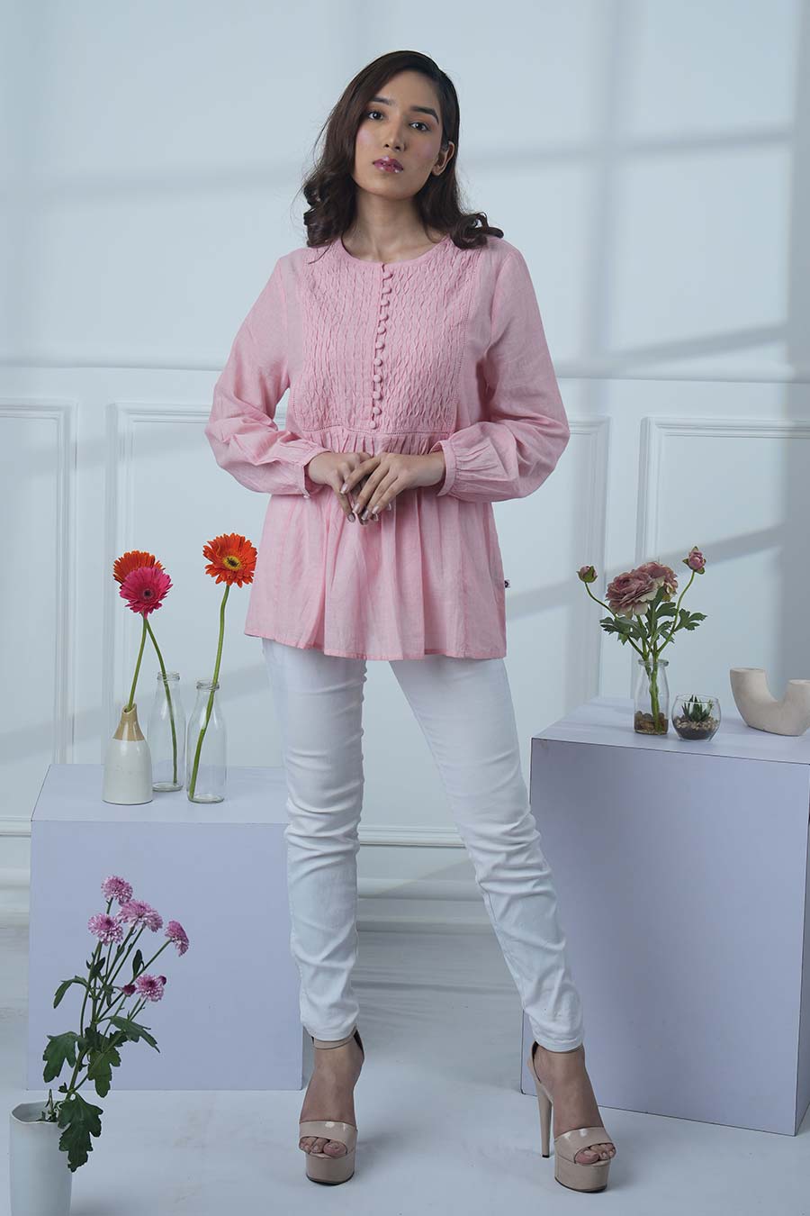 Pink Cotton Smocked Top