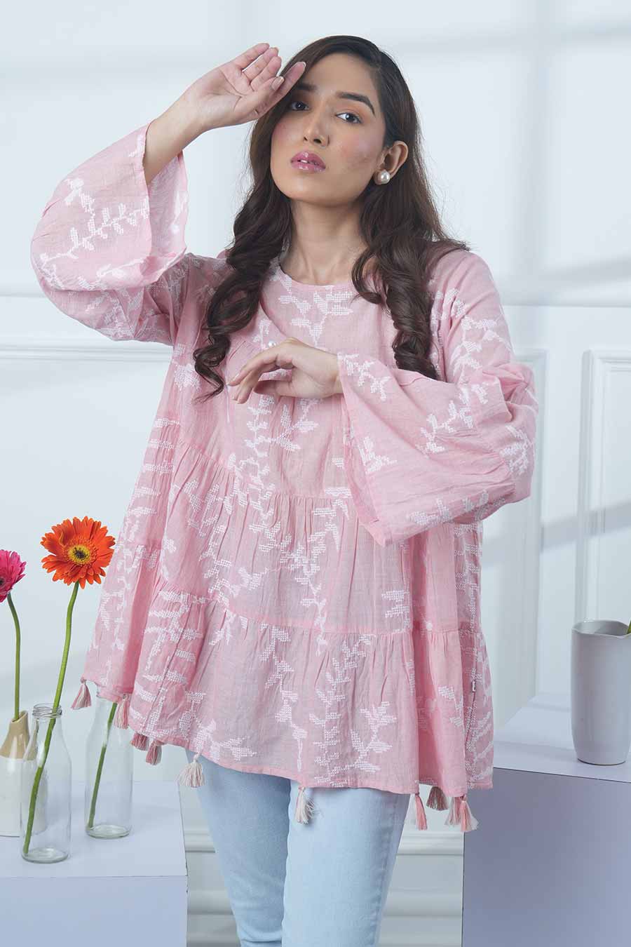 Pink Embroidered Tiered Top