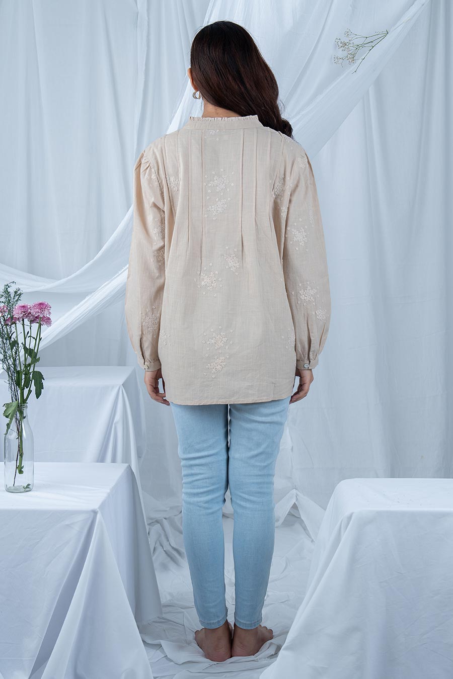 Beige Embroidered Pintuck Top