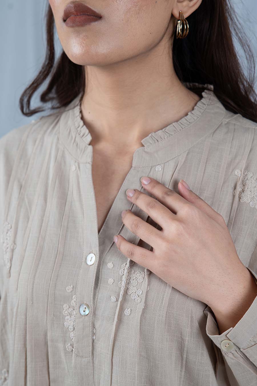 Beige Embroidered Pintuck Top