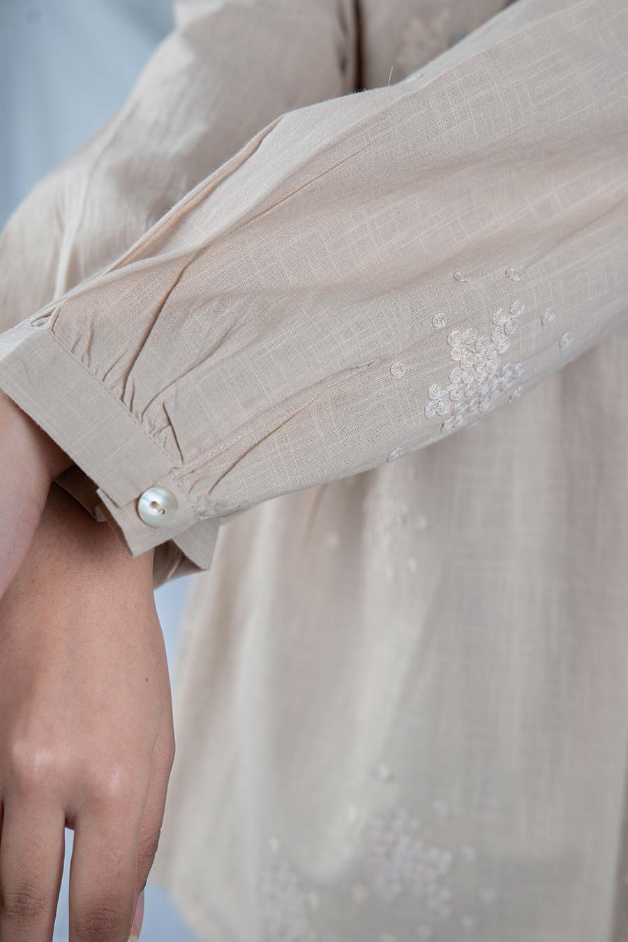 Beige Embroidered Pintuck Top