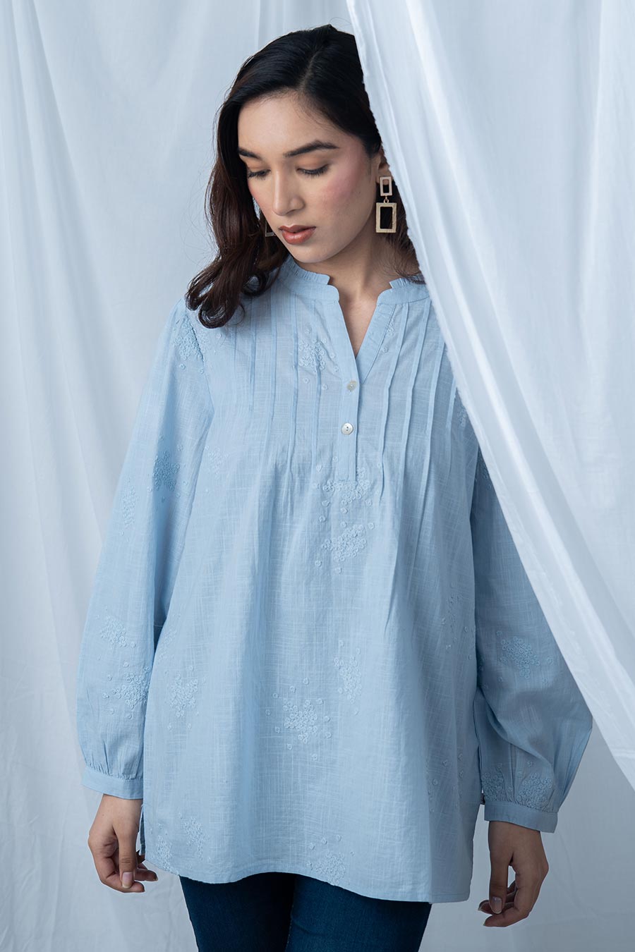 Blue Embroidered Pintuck Top