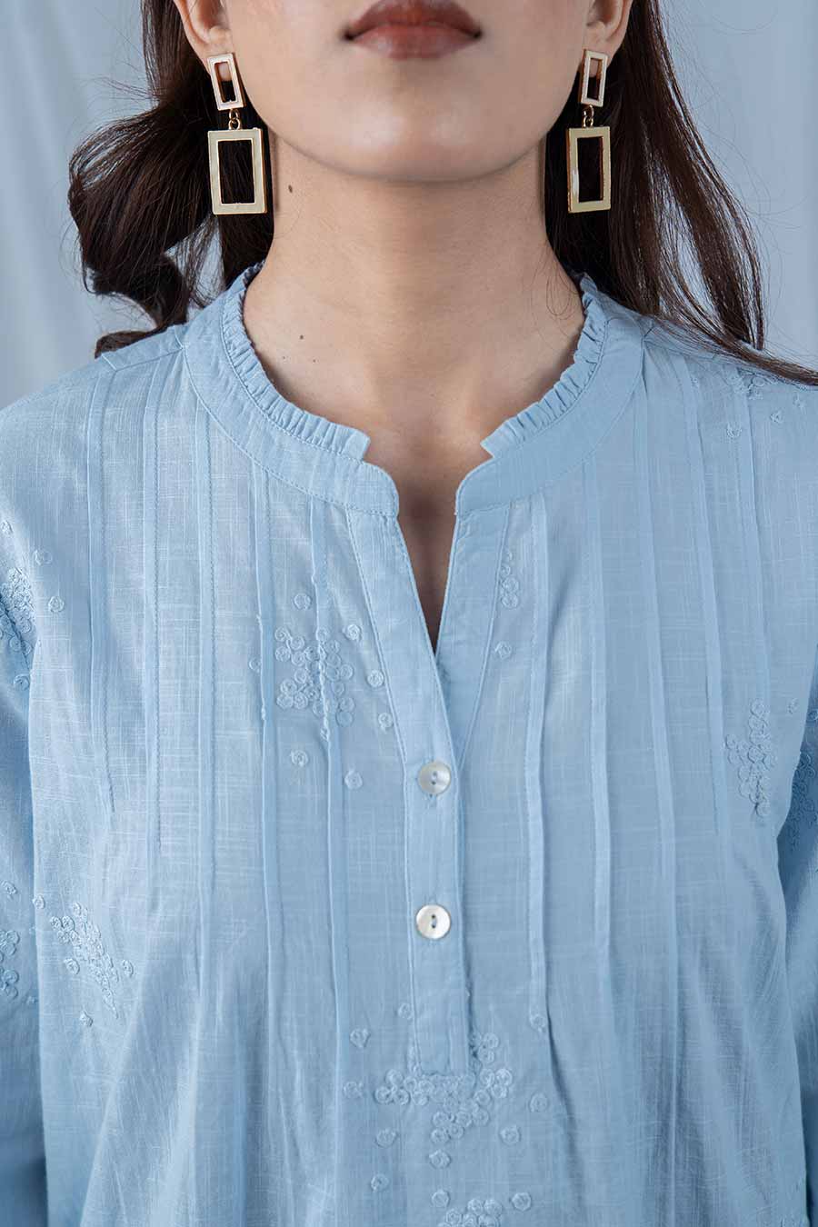 Blue Embroidered Pintuck Top