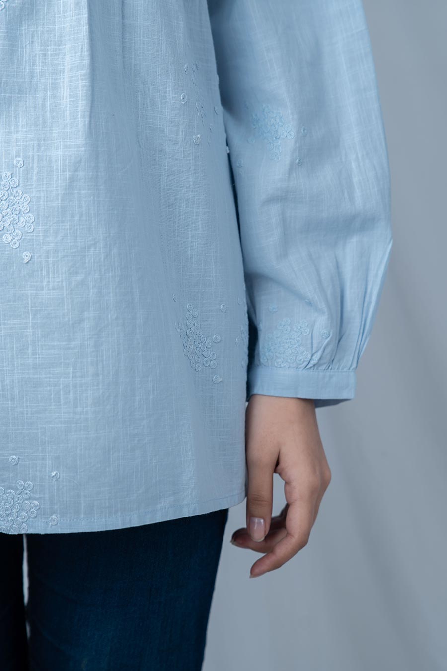 Blue Embroidered Pintuck Top