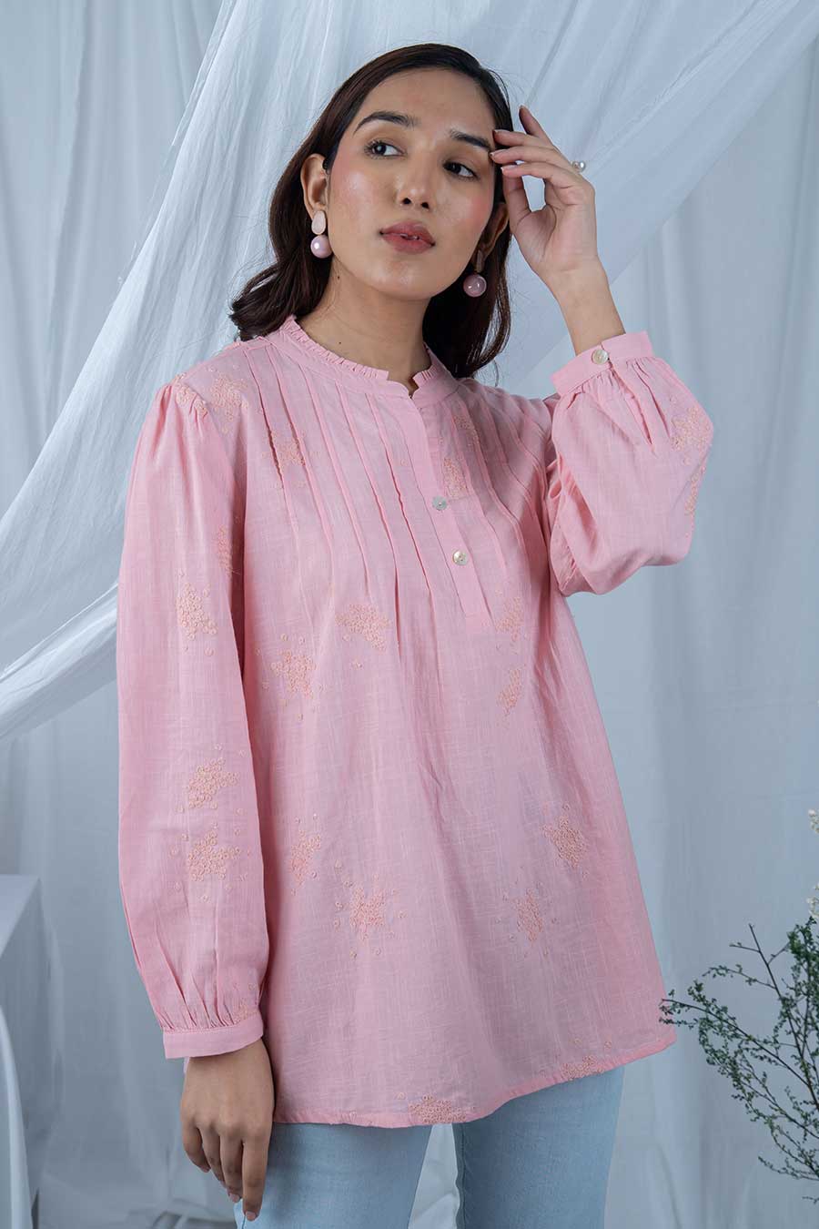 Pink Embroidered Pintuck Top