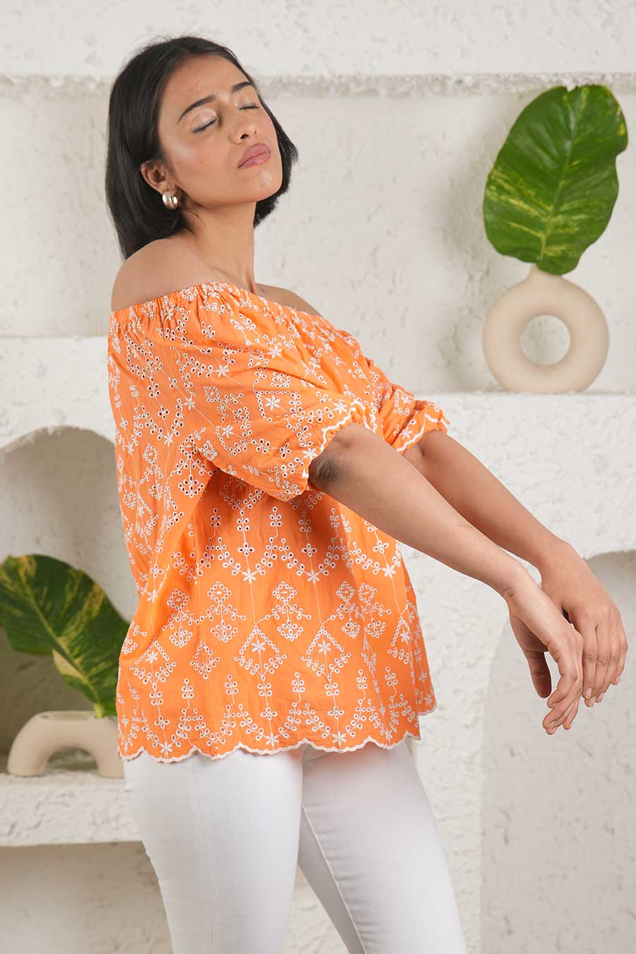 Orange Off-Shoulder Embroidered Top