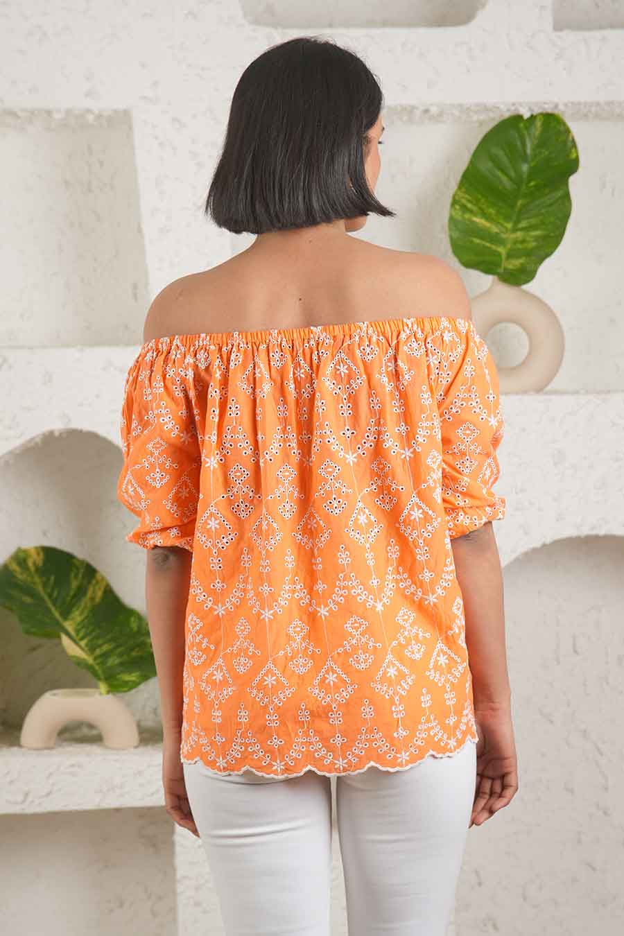 Orange Off-Shoulder Embroidered Top
