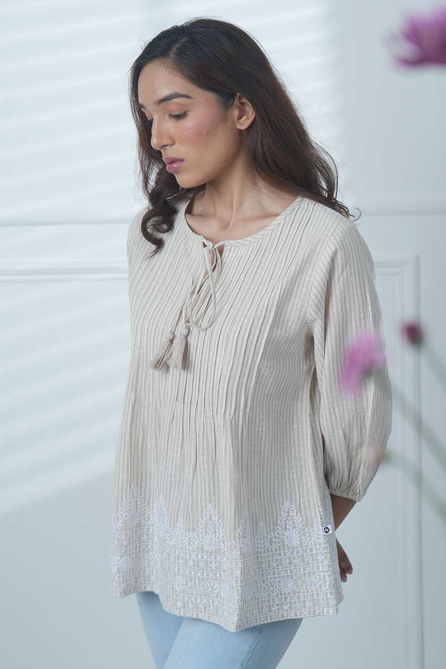 Beige Embroidered Striped Top