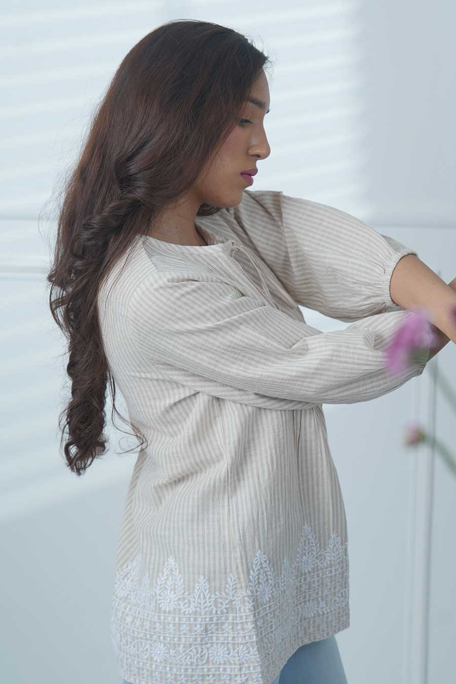 Beige Embroidered Striped Top