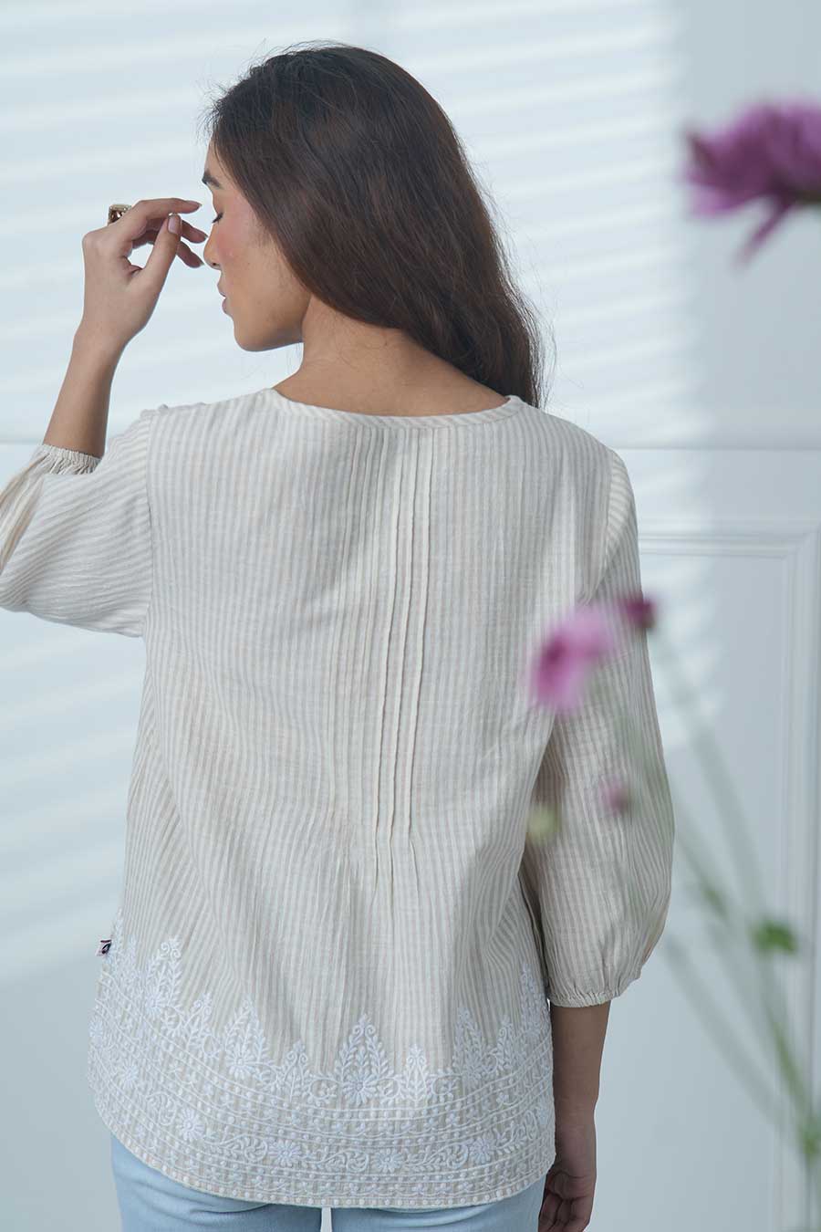 Beige Embroidered Striped Top