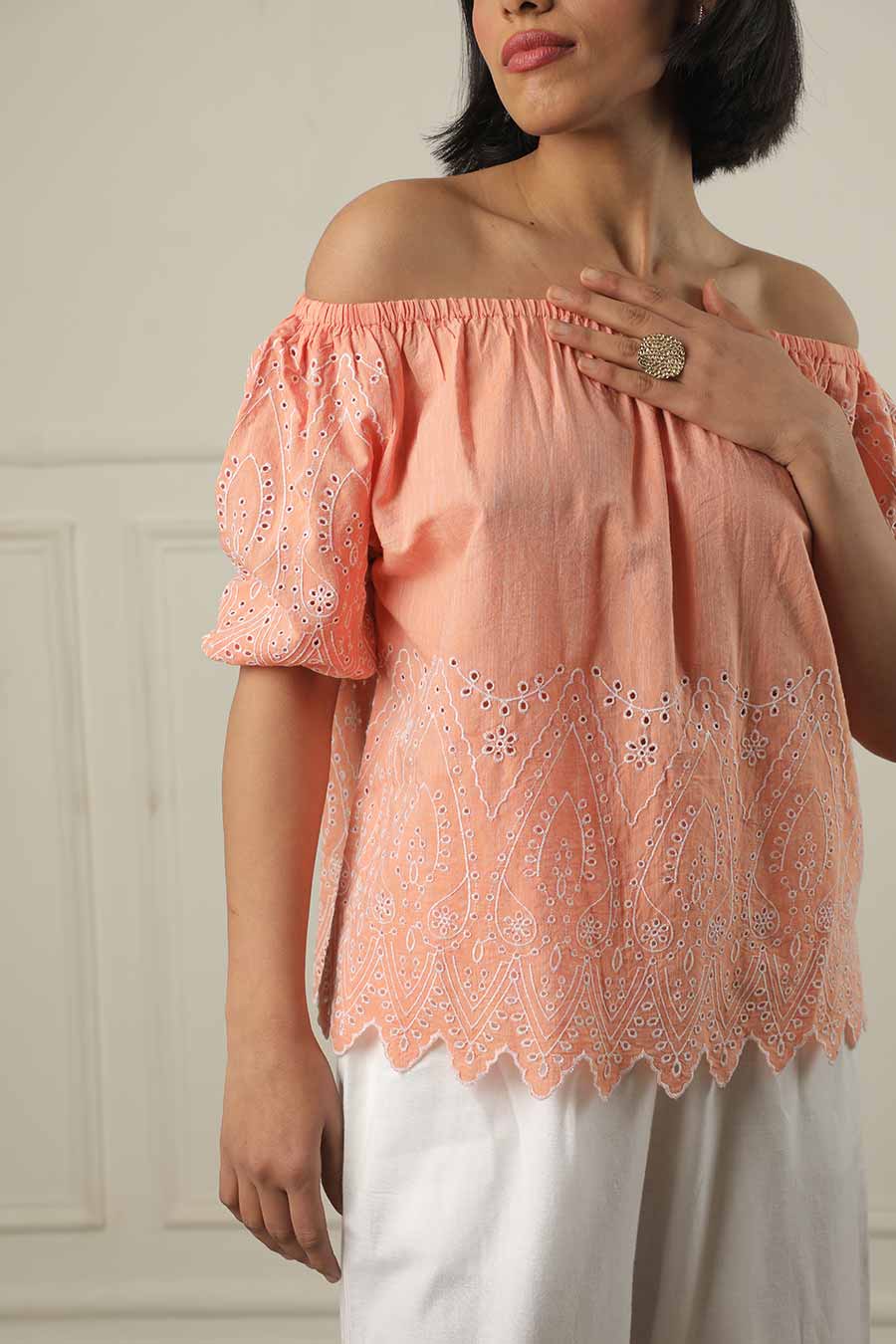 Peach Off-Shoulder Embroidered Top