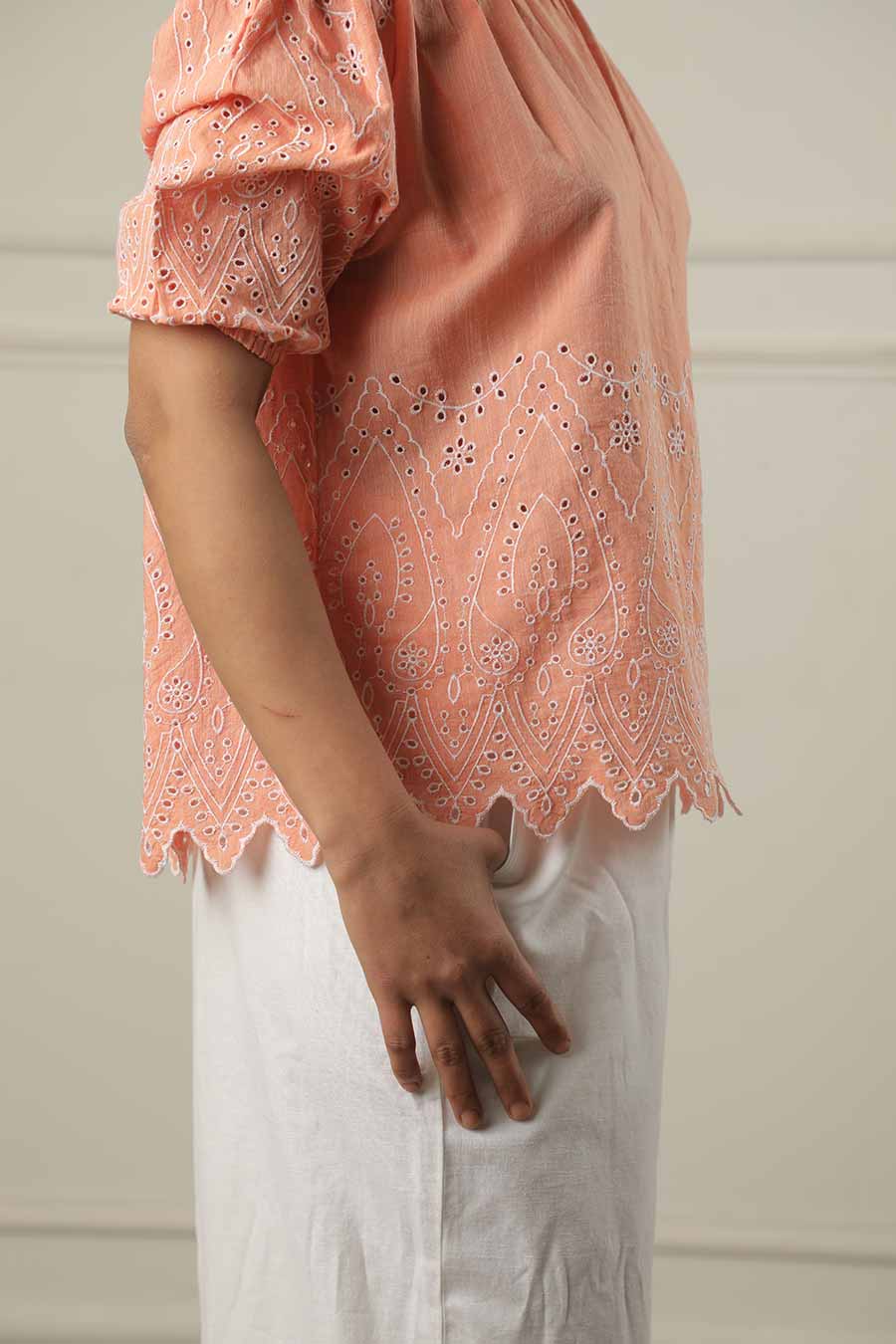 Peach Off-Shoulder Embroidered Top