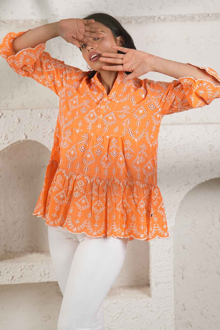 Orange Cotton Embroidered Top